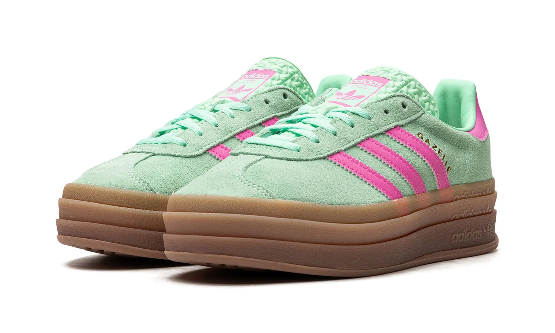 Parte da frente das sapatilhas Adidas Gazelle Bold Pulse Mint Pink