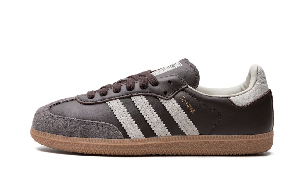 Lado esquerdo das sapatilhas Adidas Samba OG Brown Putty Grey