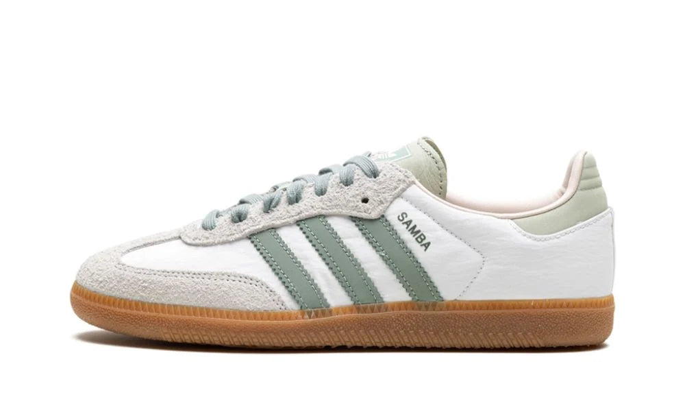 Lado esquerdo das sapatilhas Adidas Samba OG Cloud White Silver Green