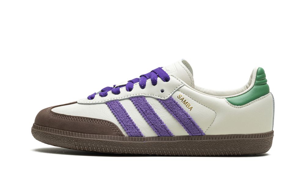 Lado esquerdo das sapatilhas Adidas Samba OG Off White Core Purple Green Brown