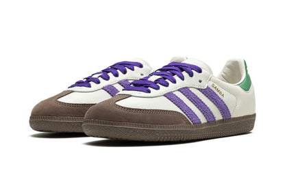 Parte da frente das sapatilhas Adidas Samba OG Off White Core Purple Green Brown