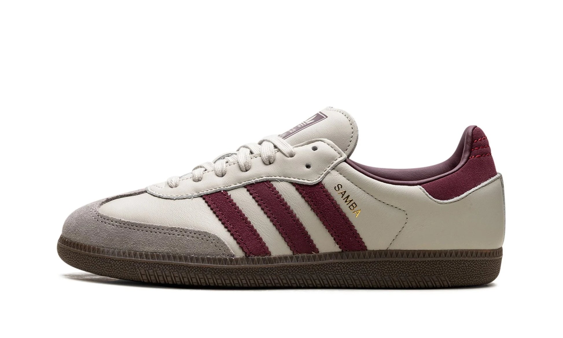 Lado esquerdo das sapatilhas Adidas Samba OG Putty Grey Maroon