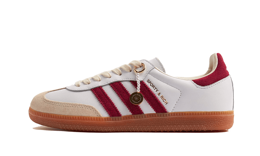 Lado esquerdo das sapatilhas Adidas Samba OG Sporty & Rich White Burgundy